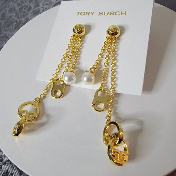 Tory Burch Jewelry - Tory Burch Gold Pearl Ball Double T Hoop Key Lock Drop Dangle Earrings